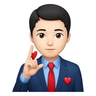 A man in very black short hair with all back hair style, wearing dark blue suit and red tie, making a Korean finger heart like photo sticker