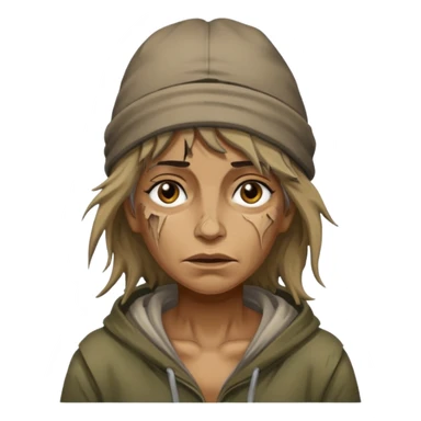 very dirty looking homeless woman with ripped hat with ugly hair sticker