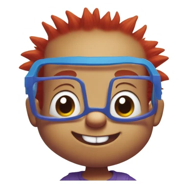 Rugrats, a red-haired one year baby with spiky hair and only 2 front teeth wearing purple square glasses and a blue shirt with red trim sticker