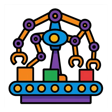 conveyor with multi-armed manipulator, cartoon style, bright colors, no background sticker