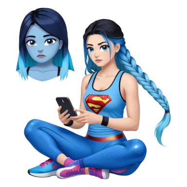 Shameful and disappointed-Female-very very very large chest-texting on a samsung cell phone-very long straight braided black to sky blue hair ombre-blue eyes-black eyeliner-long eyelashes-iridescent sky blue low cut tank top with glitter superman logo-matching leggings-nike hightop sneakers sticker