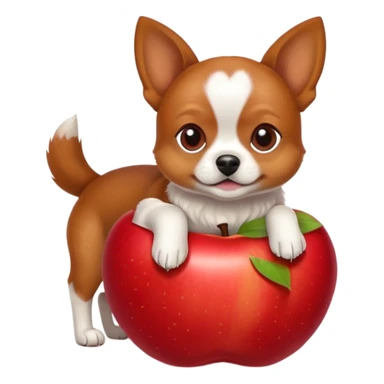 A small dog is lying on a big apple sticker