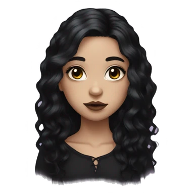 goth girl with long wavy black hair, almond shaped hazel eyes light skin with blush  sticker