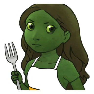 Hungry white girl with brown long hair, thinking sadly about food with fork in a hand sticker