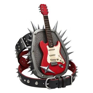 Create a powerful and dynamic humanless emoji representing rock vocals. The design should feature a classic vintage microphone with a rugged, distressed look, surrounded by elements like a guitar pick, electric guitar neck, and sound waves to reflect the raw energy of rock music. Add subtle details such as a spiked bracelet, leather textures, or bold lightning bolts to evoke the rebellious and intense spirit of rock. Use dark, edgy colors like black, red, silver, and metallic accents to emphasize the fierce, loud, and passionate nature of rock vocals. The background should be transparent. sticker