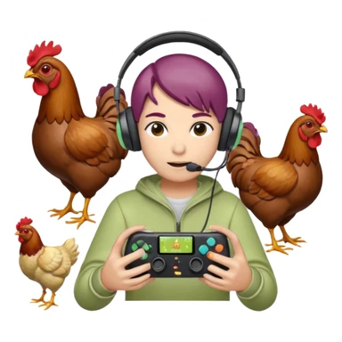 Pack emote, Sfondo trasparente e Dimensioni: (28x28, 56x56, 112x112) 
Stile Gamer: Il radicchio indossa cuffie da gaming e interagisce con controller o schermi, mentre i polli appaiono come icone di supporto o spettatori, colore font diverso in ogni emote sticker