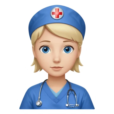 Nurse blue eyes short blond blue scrubs no hat sticker