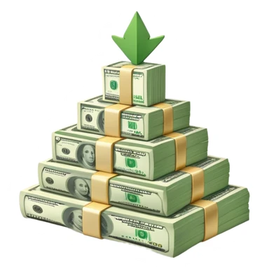 upward arrow next to gradually increasing stacks of dollar bill bundles, showing financial growth sticker
