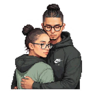 hispanic man with black hair hugging a light-skinned woman in a black Nike hoodie, woman has one bun in the back and thin black glasses sticker