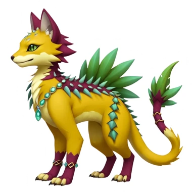 Kawaii cute reddish orangish yellowish greenish purplish exotic tribal beautiful pretty elegant divine edgy feline-vernid-sergal-Fakémon-Pokémon-Digimon-fursona-animal-creature with accessories, jewelries, full body, with intricate detailed markings, furs, fins, scales, spiny sticker