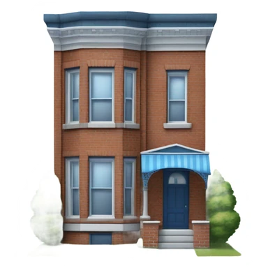 Two story brick row-house with blue clad bay window protruding from the front right and no porch, no front steps sticker