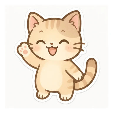 chibi sticker of a happy cat waving, pastel colors, cute expression, white background sticker