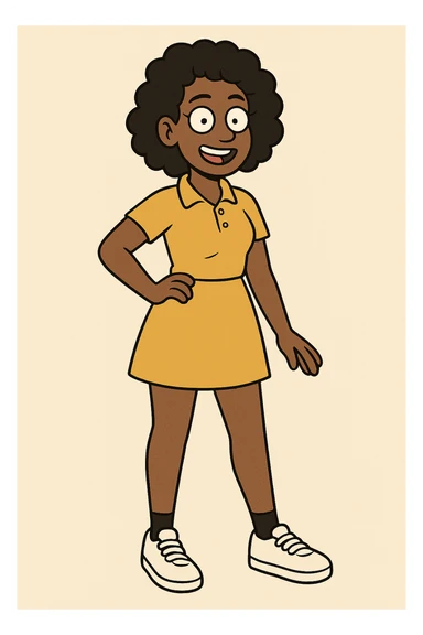 A Girl black Slightly Coiled hair brown Red Women's classic polycotton polo yellow skirt black ankle sock trainer white women's shoe sticker