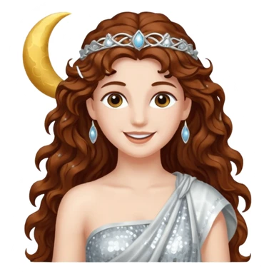 Diana, Goddess of Moon from Roman Deities with long dark auburn wavy hair, silver sequin toga sticker