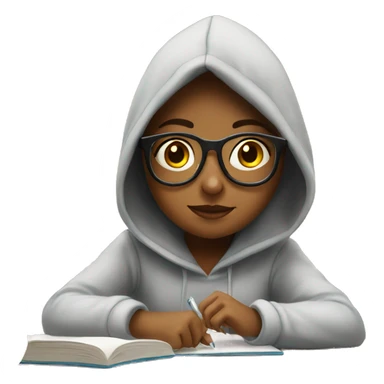a girl in a hoodie and glasses sitting at kitchen table studying sticker