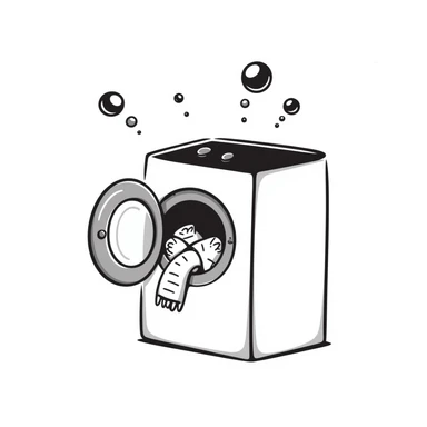 washing machine with bubbles and clothes peeking out, doodle style sticker