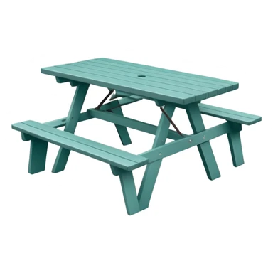 simple rectangular picnic table with attached benches, soft teal color, straight vertical legs, small wheels underneath, flat wood-style silhouette, muted teal tone, clean geometry, minimal shading, slightly theatrical sticker