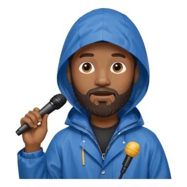 bearded black man with rain coat and microphone sticker