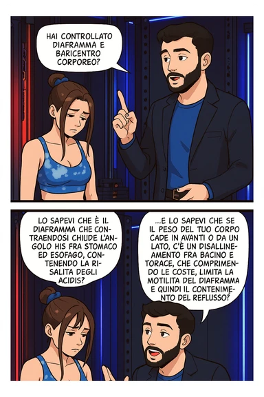 TRASFORMA QUESTO CAROSELLO IN UN FUMETTO STILE WEBTOON/MANGA A COLORI CON QUESTE DUE PERSONE IDENTICHE CHE INTERLOQUISCONO TRA LORO, L'uomo sta spiegando alla donna questo concetto:

LUI (UOMO): Hai controllato diaframma e baricentro corporeo?
LUI (UOMO): Lo sapevi che è il diaframma che contraendosi chiude l’angolo his fra stomaco ed esofago, contenendo la risalita degli acidi grassi?
LUI (UOMO): …e lo sapevi che se il peso del tuo corpo cade in avanti o da un lato, c’è un disallineamento fra bacino e torace, che comprimendo le coste, limita la motilità del diaframma e quindi il contenimento del reflusso? sticker