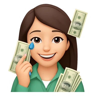 Make the brunette girl smile instead, drying her tears with money bills, expressive face, in emoji style, no background. sticker