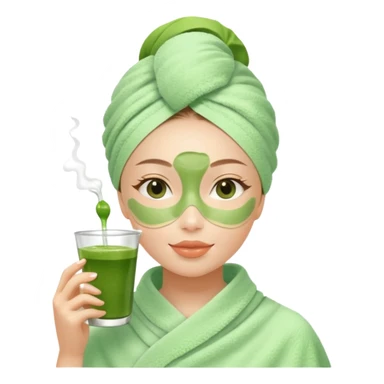 girl in moisturizing sheet mask and towel on head drinks matcha sticker
