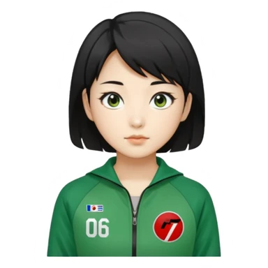Create Kang Sae-byeok (Player 067), Korean female, short layered black hair, sharp eyes, green tracksuit with number 067 patch on chest. sticker