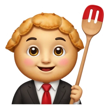 emoji style, happy fried empanada with face, big sparkling eyes, blushing cheeks, two buck teeth, red necktie, holding spatula, thick black outline, golden brown color, very cute and wholesome, transparent background sticker
