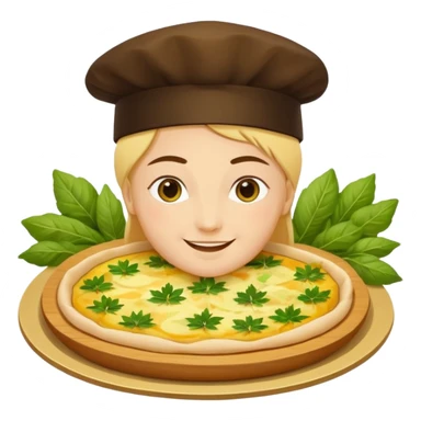 Georgian cuisine avatar in bright emoji-style illustration. Khachapuri and herbs, rich golden and green colors, simple shapes, flat design, strong character. sticker