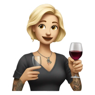 Create a hyper-realistic emoji of a blonde woman with tattoos, holding a glass of wine in one hand and pointing forward with the other, with an elegant and minimal design. sticker