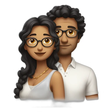 Indian woman with medium curly hair hugging a tall french man with black hair and glasses in a white shirt sticker