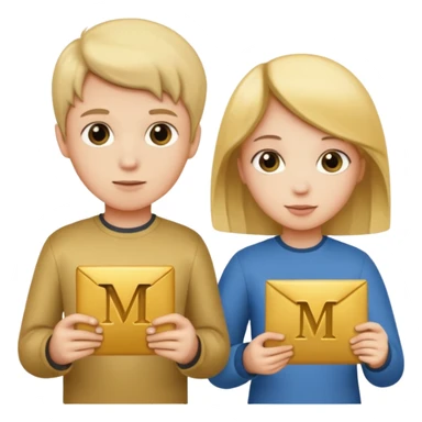 Create two letters, N and Y, in the shape of sisters. Create an image of a boy holding the letter N and a girl holding the letter M  sticker