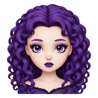 curly long dark purple hair, pale skin, brown eyes, pretty bratz baddie, black eyeliner, blush sticker
