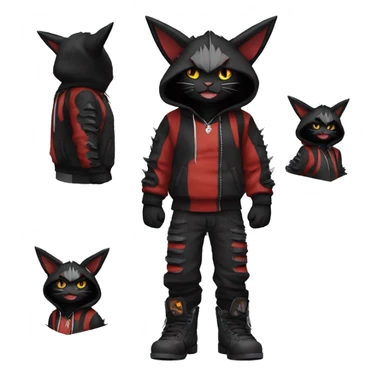 Cool Anthro Black Bat-Nargacuga-Litten-cat-Pokémon with edgy stripes hoodie spiked collar punk techwear Full Body sticker