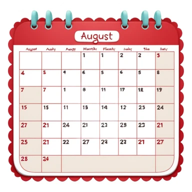a monthly calendar labeled “August,” with rounded square date boxes, scalloped border frame, playful red doodle lines, and a cozy planner vibe. Minimal kawaii style, flat pastel color palette, slightly imperfect sketch lines, centered object, no background sticker