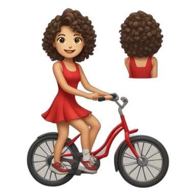 A TOK emoji of a Taiwanese girl with curly hair wearing red dress and keen shoes riding bicycle sticker
