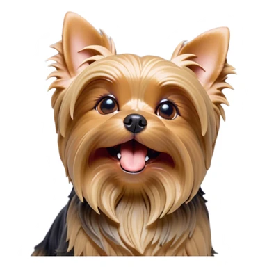 Cinematic Cute Yawning Yorkshire Terrier Portrait Emoji, Head tilted with a playful, drowsy expression and droopy, adorable eyes, featuring a soft, well-groomed fur in rich hues, simplified yet irresistibly endearing, highly detailed, glowing with a warm, cozy radiance, high shine, exuding a relaxed yet spunky charm, styled with a gentle, soft glowing outline, capturing the essence of a Yorkshire Terrier mid-yawn that seems as if it could cuddle right off the screen! sticker