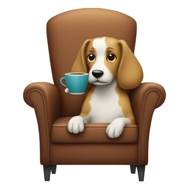 a dog with a long snout sitting on a chair holding a cup of coffee sticker