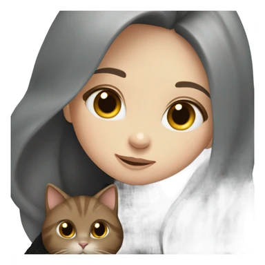 Girl with long brown hair, black sweater, hug grey cat sticker