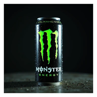 photorealistic monster energy drink can with metallic texture and condensation droplets, neon green logo, on a dark background sticker