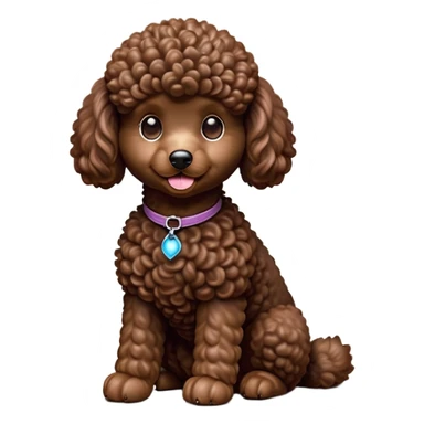 cinematic-[poodle]-realistic-full-body-sitting-emoji,-tail-resting-loosely-beside-its-paws,-head-tilted-dramatically, -curly-[chocolate]-fur,-simplified-yet-realistic-focused-features,-highly-detailed,-glowing-with-an-almost-sarcastic-glow sticker