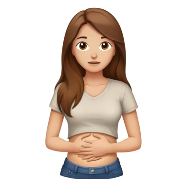 Crying woman with long brown hair rubbing stomach with shirt on sticker