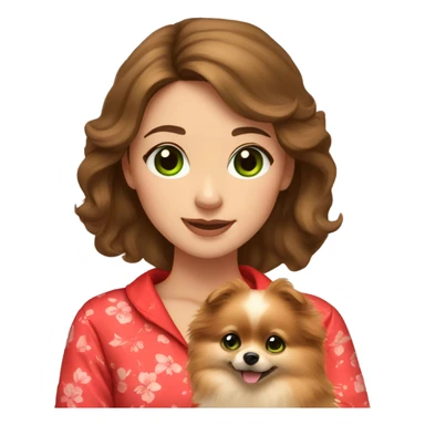 light-skinned-girl-with-brown-hair-and-green-eyes-in-red-pajamas-petting-pomeranian sticker