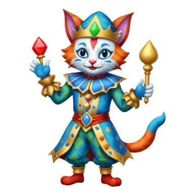 crazy colorful cute little cat jolly joker from poker, medieval, vintage, court jester, mac os icon, blue color, full body sticker