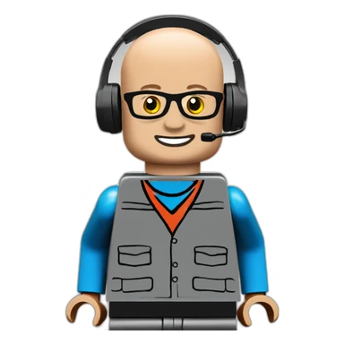 LEGO customer service bald men with headset with red shirt sticker