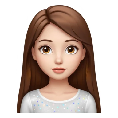 pretty cartoon girl, semi-realistic 3D emoji style, long straight brown hair, brown eyes, long eyelashes, soft glam makeup, glossy lips, smooth skin, cute aesthetic, sparkles in hair, white top sticker