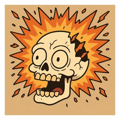 cartoon style exploding skull with saturated colors and bold black lines sticker