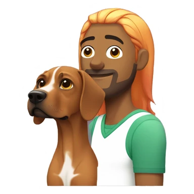 white male with long rainbow colored hair standing alongside a brown rhodesian ridgeback sticker