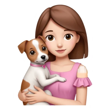 Joven mujer pelo marron vestida de rosado abrazando a su perro color beige crema que es un estilo de jack russel sticker