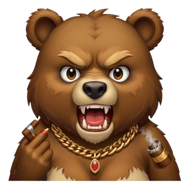 an angry wild bear with sharp teeth, a cigar in her mouth and a necklace around her neck sticker