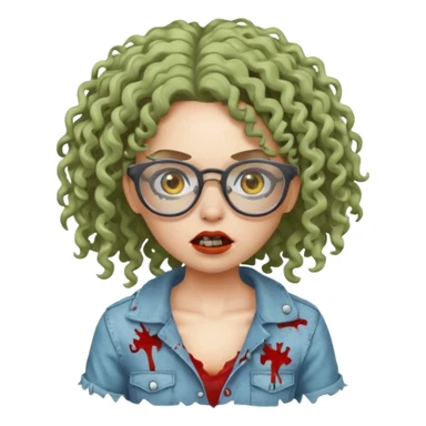 an emoji of a zombie girl with curly hair and wearing clear glasses sticker